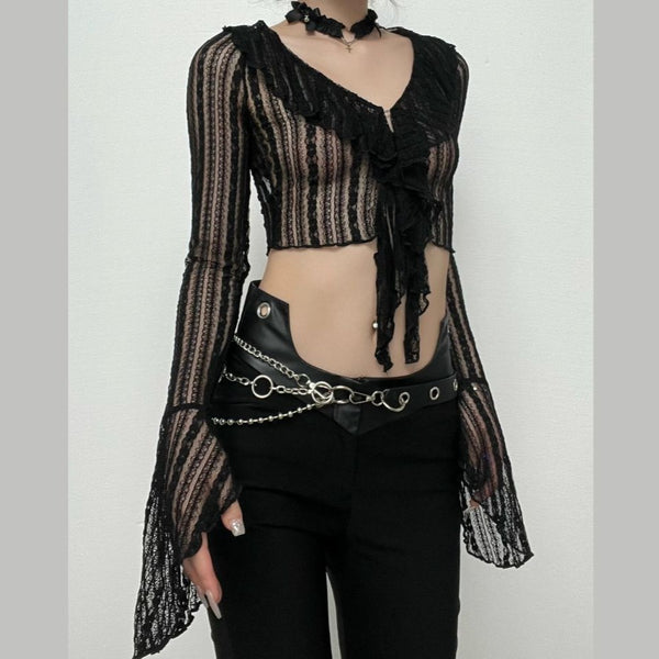 Lace see through flared sleeve v neck ruffle solid button crop top y2k 90s Revival Techno Fashion