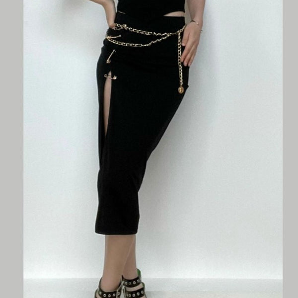 Falda midi con alfileres fruncidos y abertura alta y2k 90s Revival Techno Fashion 