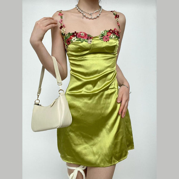 Satin flower applique contrast zip-up cami mini dress