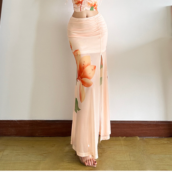 Slit ruched flower print mesh maxi skirt