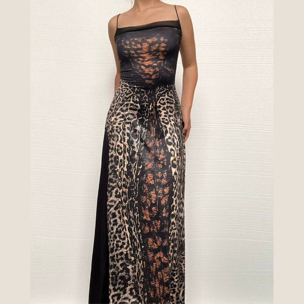 Leopard print lace up spaghetti strap maxi dress