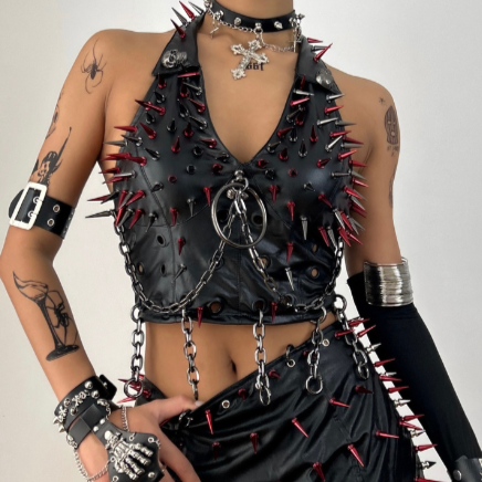 PU leather halter rivet o ring pleated top