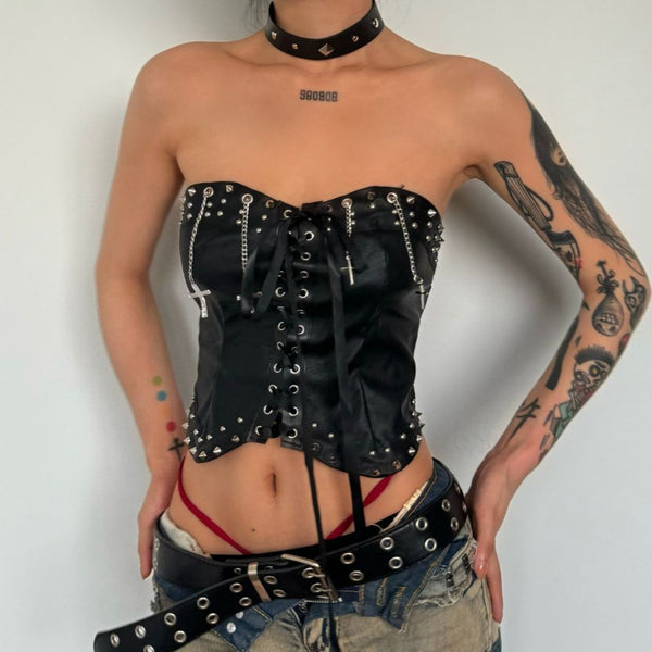 Lace up PU leather metal chain tube top