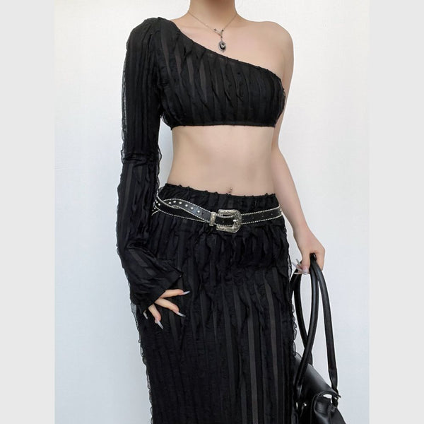 One shoulder long sleeve irregular ruffle textured maxi skirt set