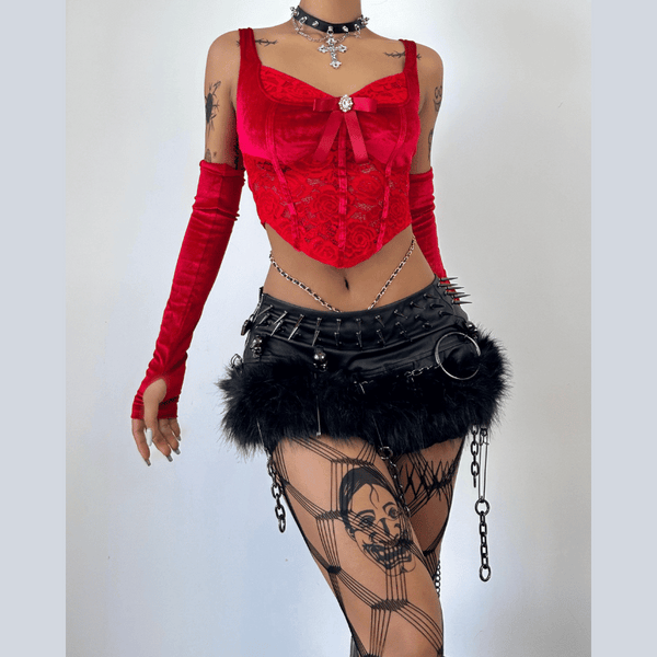 Gloves bowknot lace velvet patchwork cami top