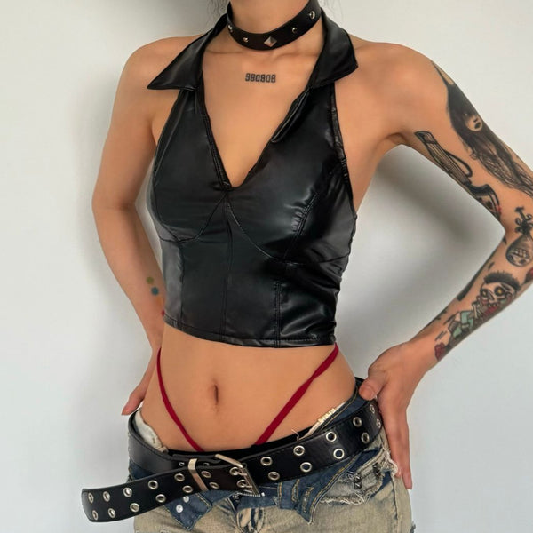 Turnover collar halter v neck PU leather crop top