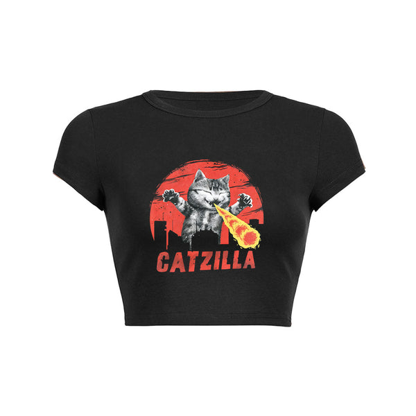 Catzilla Fire-Breathing Cat Graphic Crop Top Baby Tee