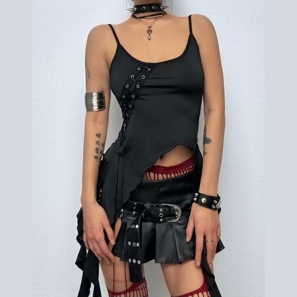 U neck ruffle lace up cami top