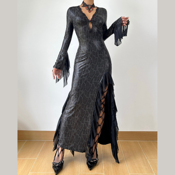 Long sleeve v neck lace hem snakeskin print maxi dress