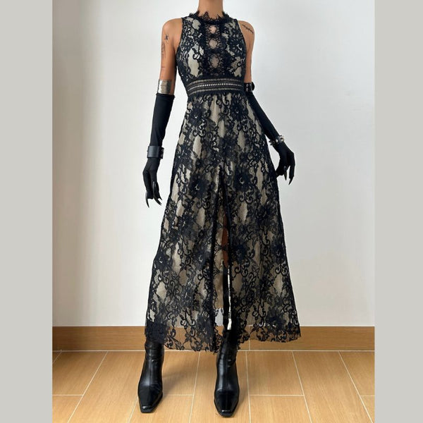 Lace slit zip-up irregular crewneck midi dress