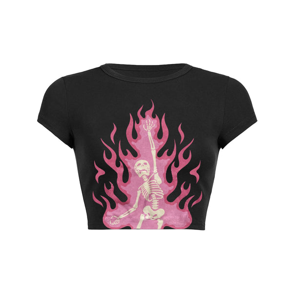 Camiseta para bebés Inclinada con estampado de esqueleto de fuego rosa 