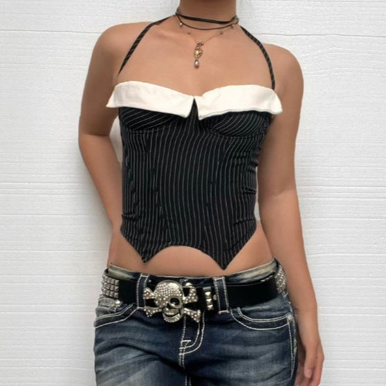 Striped print halter lace up corset top