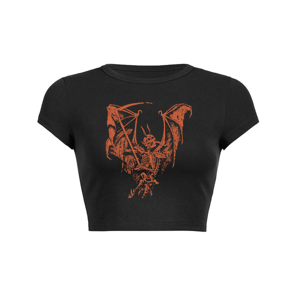 Skeleton demon print slant Baby Tee