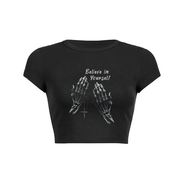 Skeleton Hands Believe Graphic Crop Top Baby Tee
