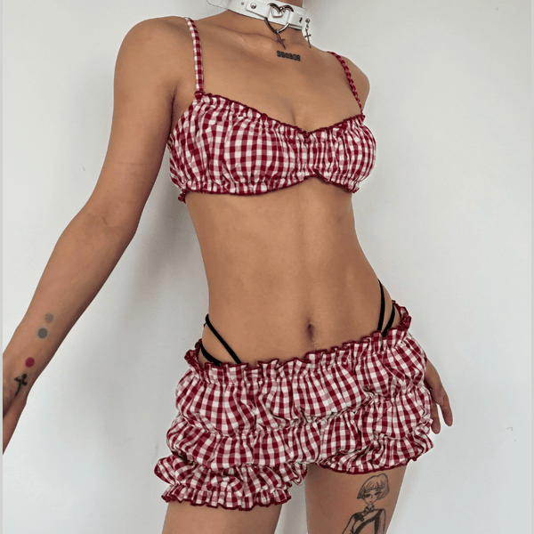 Plaid print smocked cami pant set