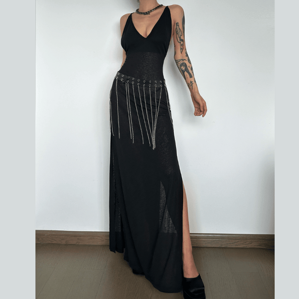 V neck cross back high slit cami maxi dress