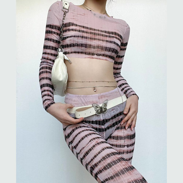 Sheer mesh striped see through long sleeve contrast pant set