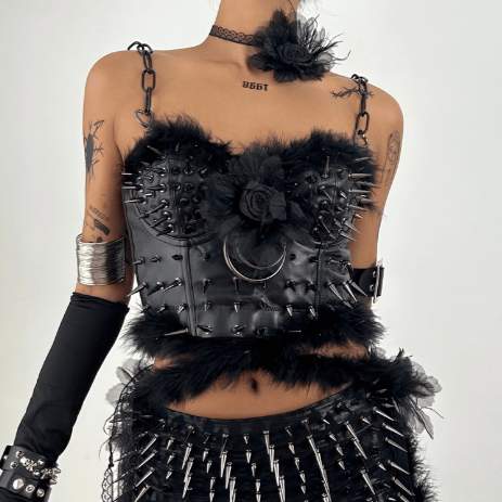 Rivet flower applique PU leather fluffy cami mini skirt set