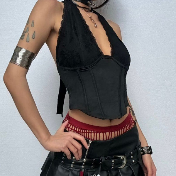 Halter self tie lace hem deep V neck corset top