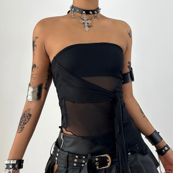 Ruffle irregular mesh backless tube top