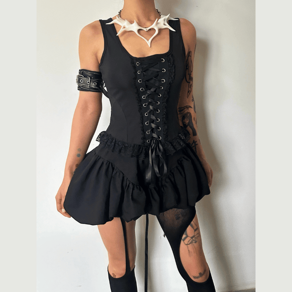 Sleeveless solid lace up zip-up lace hem self tie crop top goth Alternative Darkwave Fashion goth Emo Darkwave Fashion