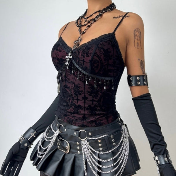 Lace hem v neck beaded print cami top