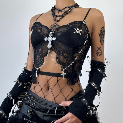 Lace metal chain cross applique v neck cami top