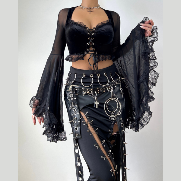 Long flared sleeve lace up ruffle top