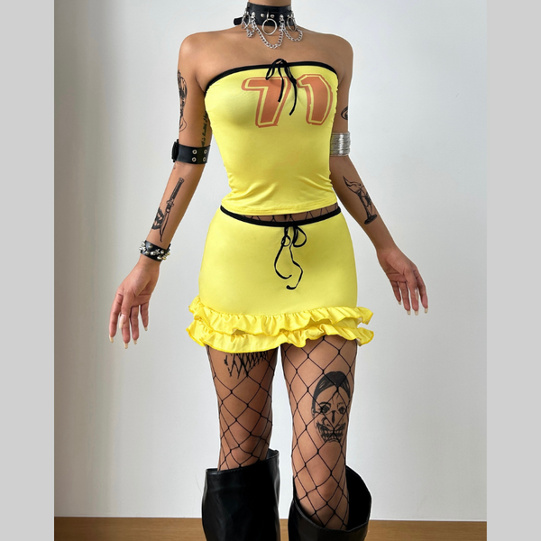 Halter knotted "71" print ruffle tube mini skirt set