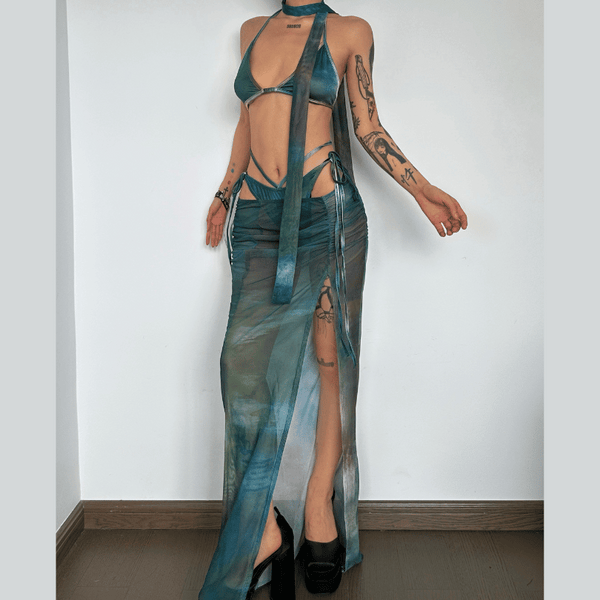 Mesh tie dye halter self tie backless ruched slit maxi skirt set