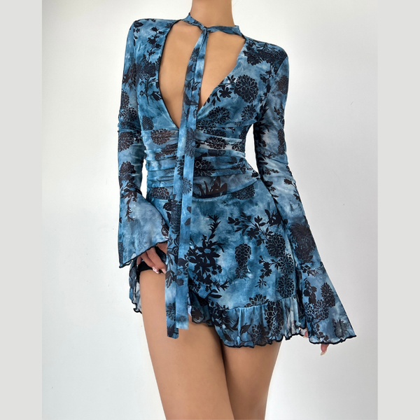 V neck long flared sleeve mesh flower print mini dress