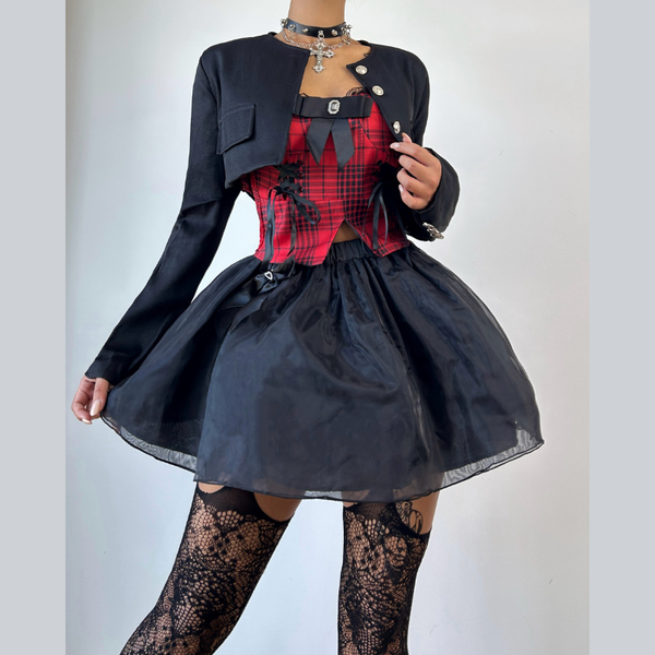 Long sleeve plaid 3 piece bowknot mini skirt set