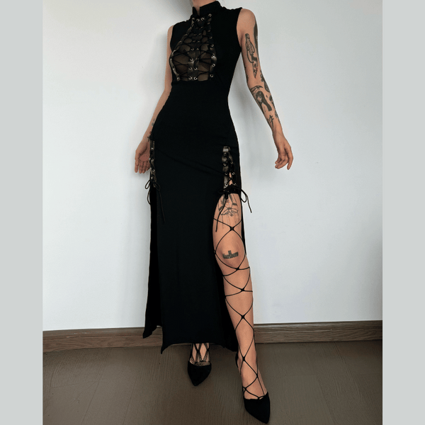 Zip-up high slit lace up see through high neck midi dress