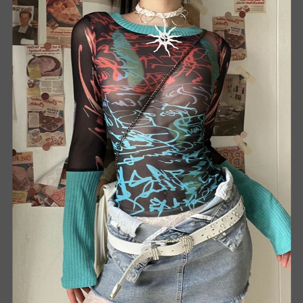 Mesh contrast print knitted long sleeve see through top y2k 90s Revival Techno Fashion