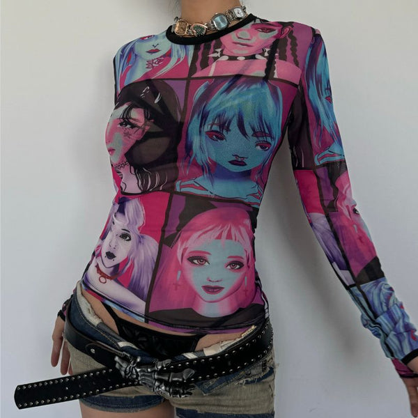 Top transparente de malla con estampado de manga larga y cuello redondo y2k 90s Revival Techno Fashion