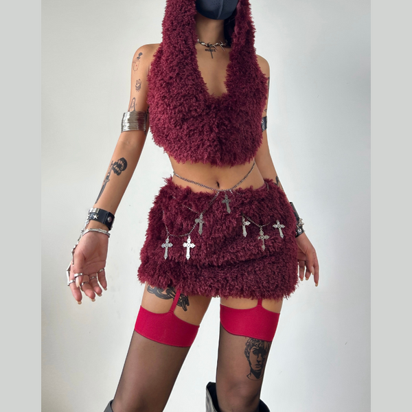 Hoodie backless self tie fluffy mini skirt set