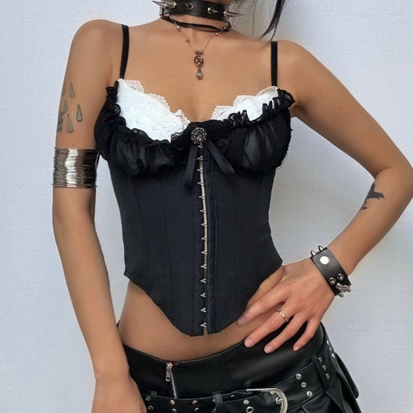 Lace hem bowknot corset ruched cami top