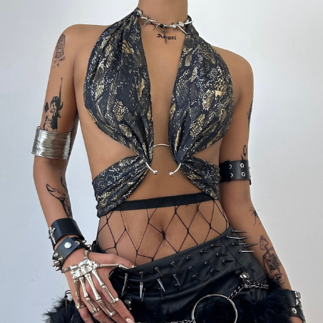 Snakeskin print halter self tie o ring crop top