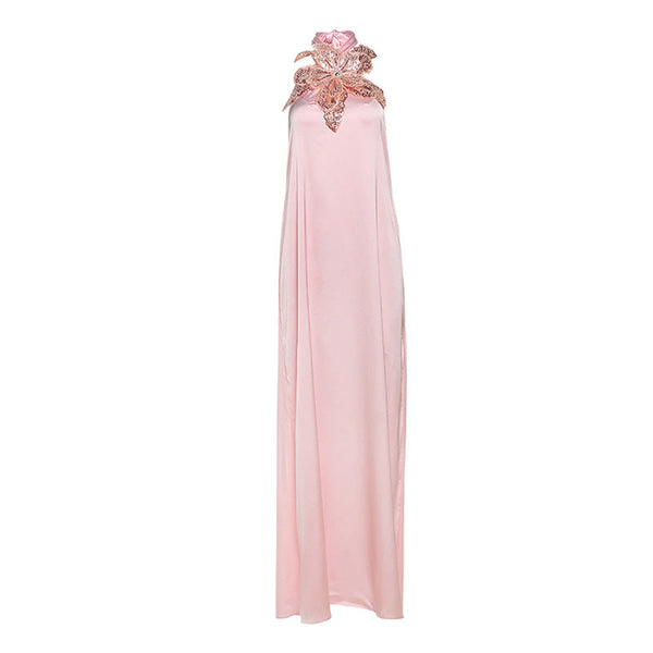 Halter glitter flower applique self tie maxi dress