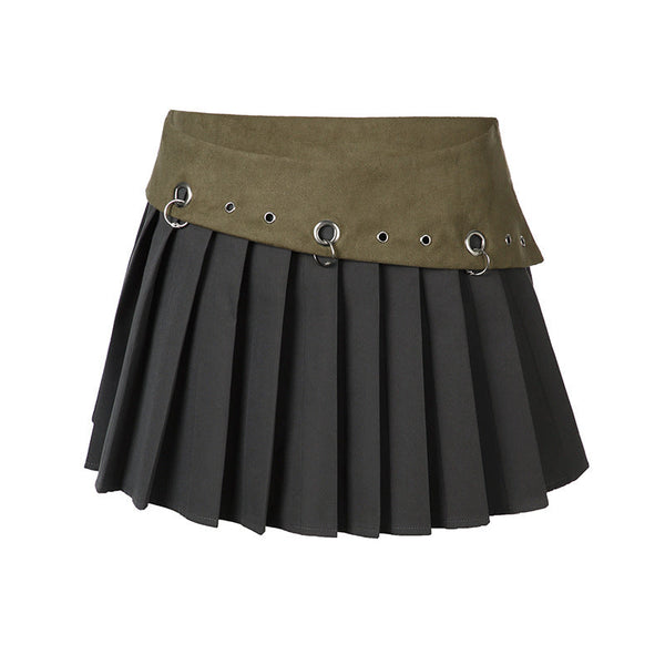 Pleated hollow out o ring zip-up A line mini skirt