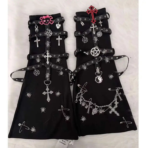 Metal chain cross skull applique knee sleeve