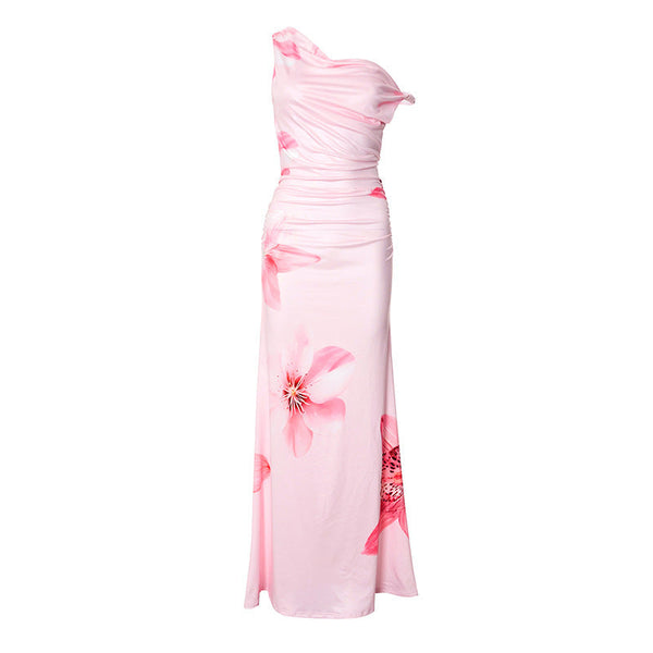 One shoulder flower print ruched maxi dress