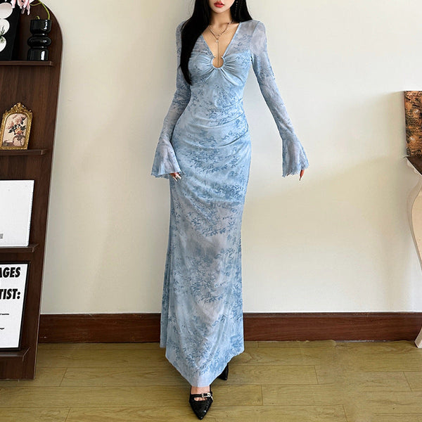 Long flared sleeve mesh maxi dress