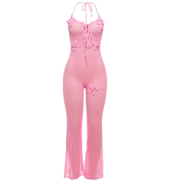 Halter knitted flower applique jumpsuit