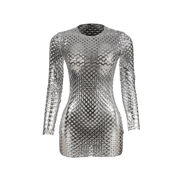 Metallic long sleeve hollow out mini dress