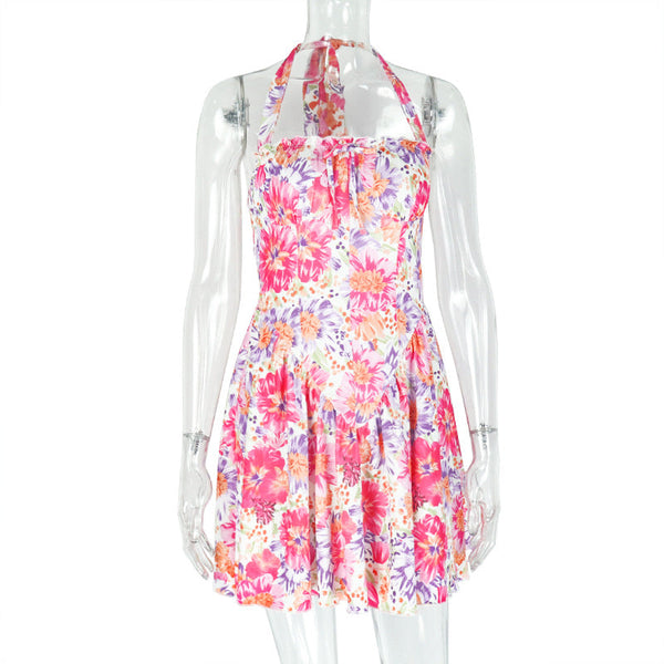 Halter flower print ruched mini dress