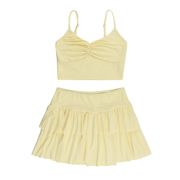 Ruched ruffle cami mini skirt set