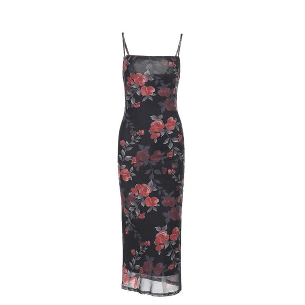 Flower print mesh cami maxi dress