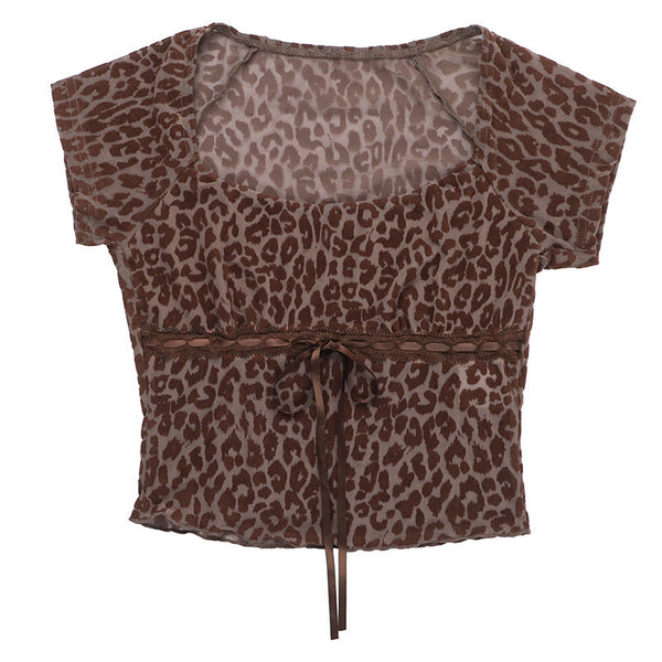 Short sleeve leopard print mesh top