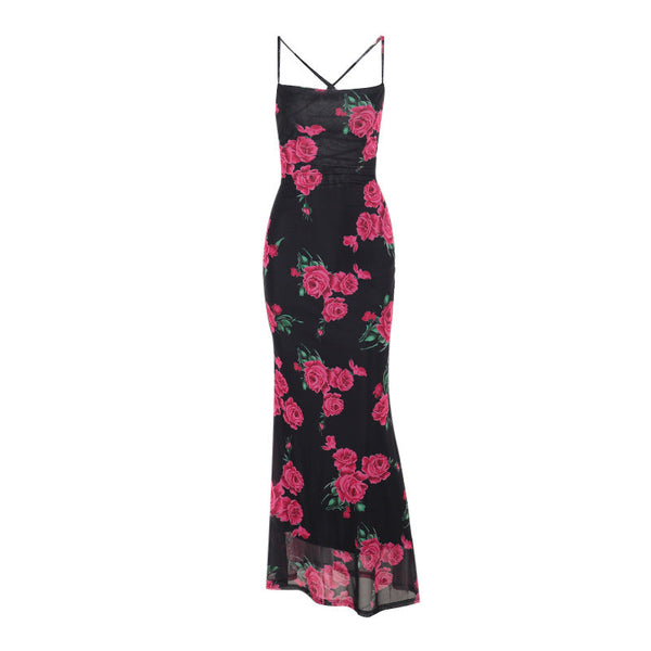 Flower print cross back mesh cami maxi dress